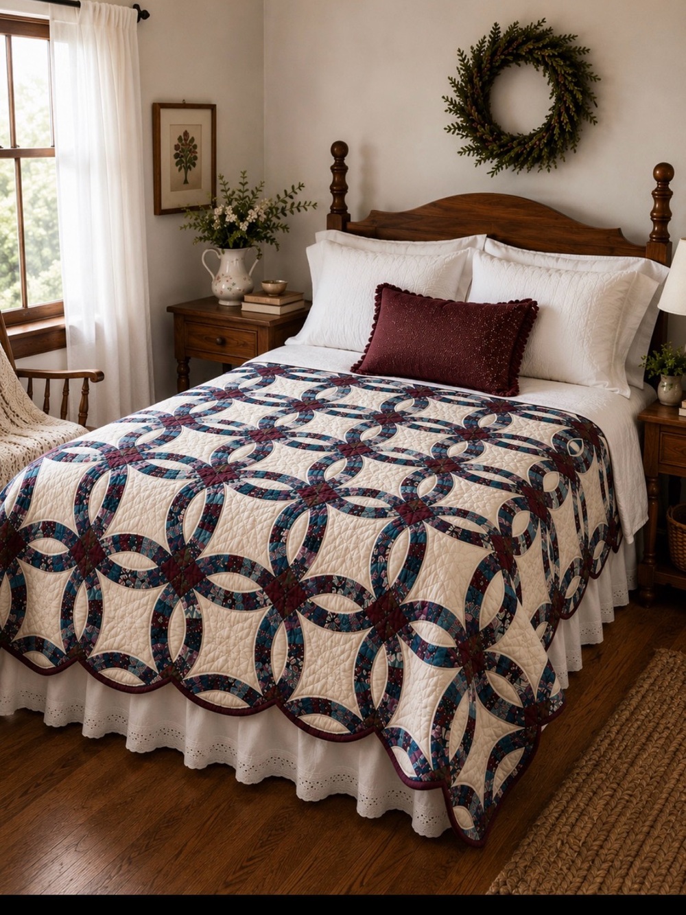 Handcrafted Double Wedding Ring Quilt in Cream and Burgundy